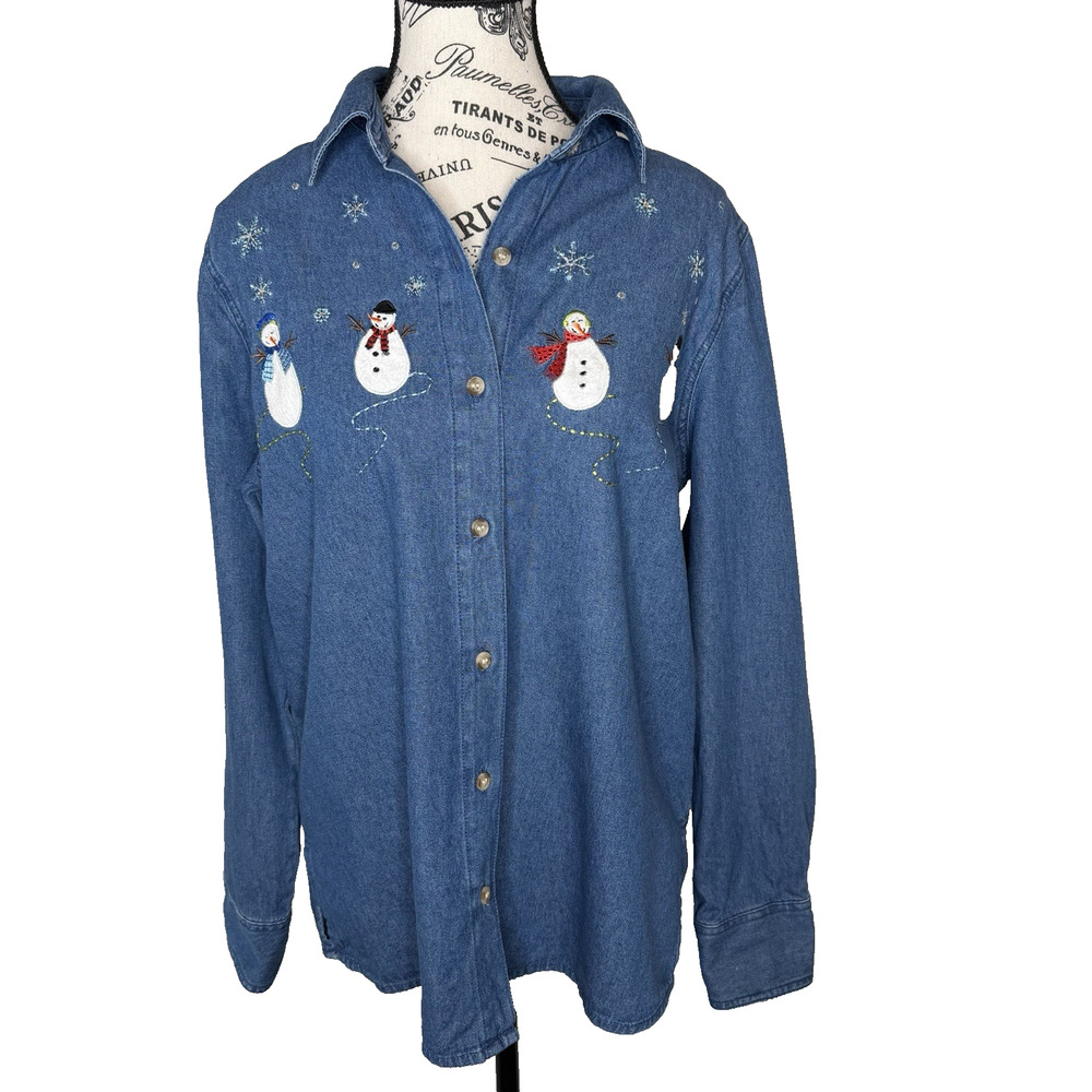 Women’s Denim Blouse With Snowman Appliqués Size Med 8-10 Long Sleeve Button Up